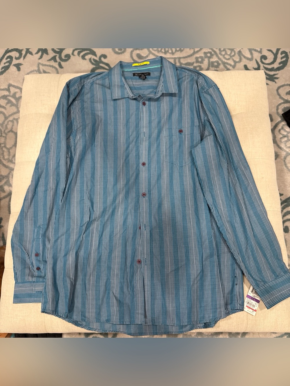 Macy's Teal and Navy Striped Long-Sleeve Dress Shirt